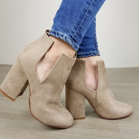 Shoes - Vegan Suede Tan Cute Ankle Boots W/ Open Sides